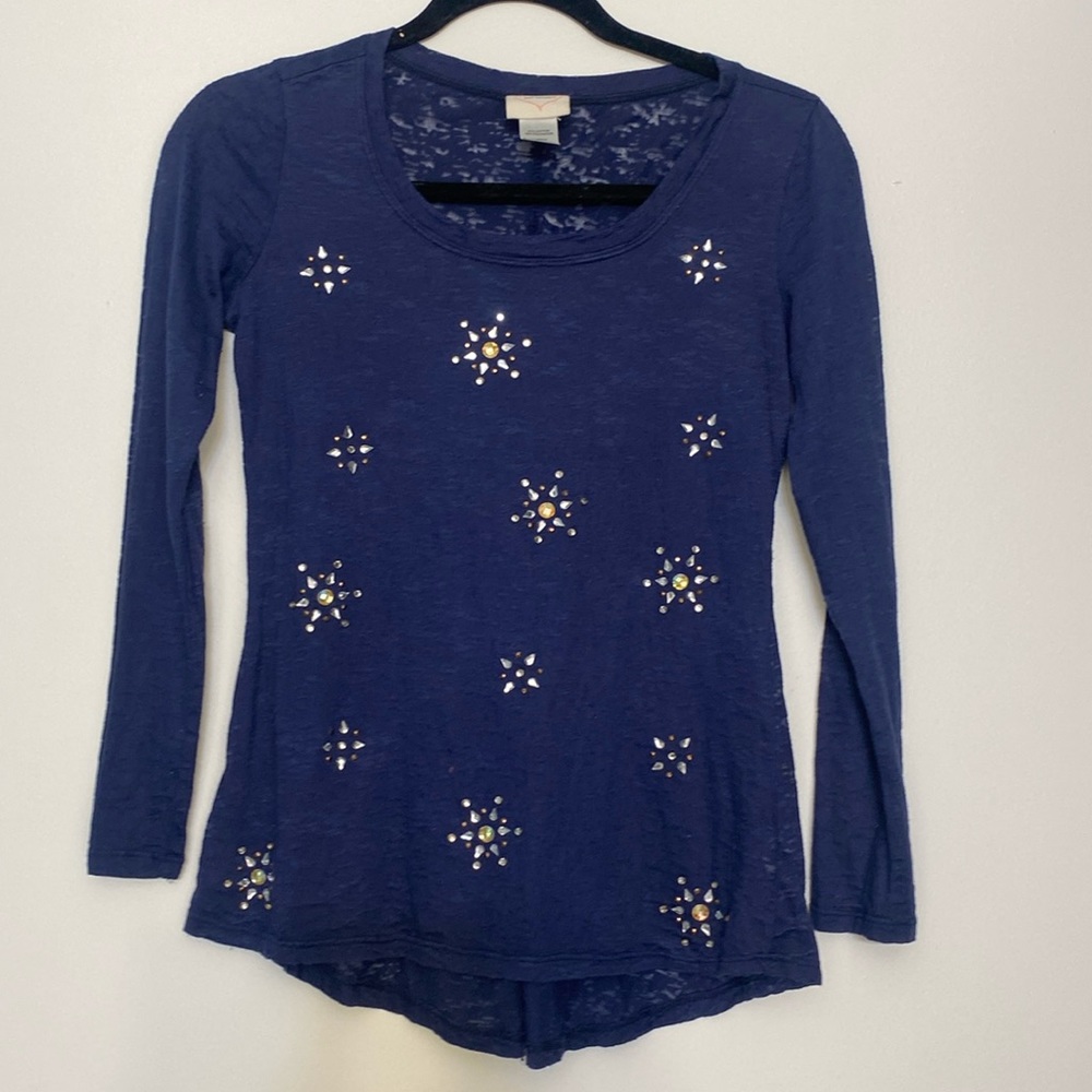 Self esteem Navy Blue Sun & Stars Studded Long Sleeve Shear Top.
